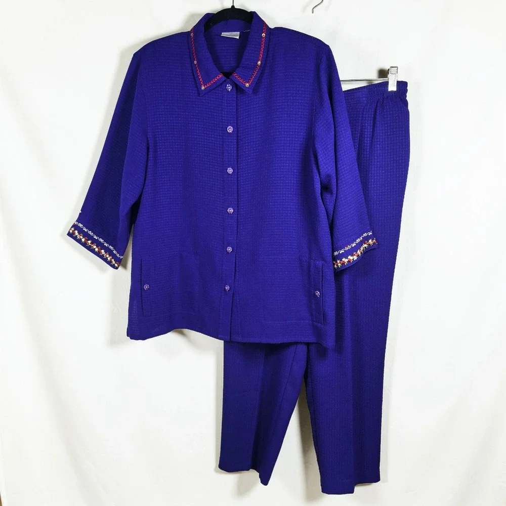 Koret Petites Purple Textured Pant Set Embroidered Button Front Tunic Top Medium